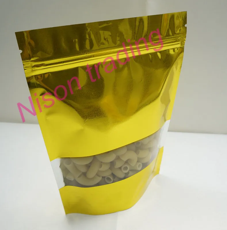 16*24 cm, aX sac à fermeture éclair en aluminium doré avec fenêtre transparente-paquet anti-poussière macaroni/pochette en plastique alimentaire, sac refermable