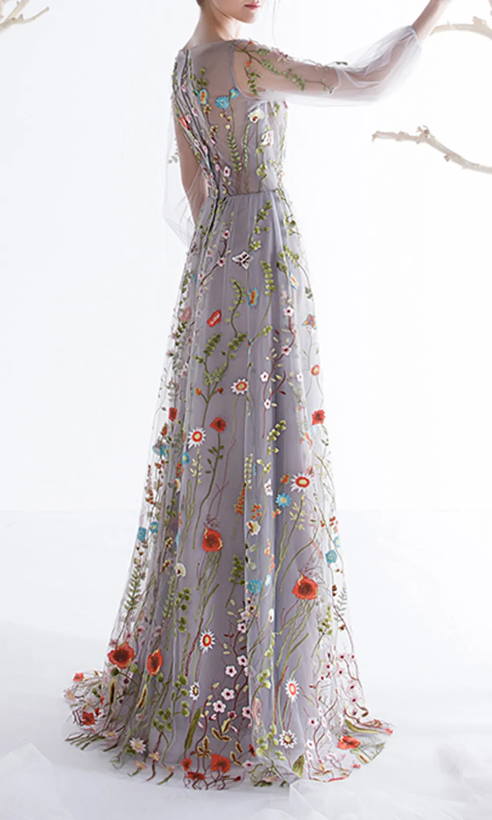 Dobelove Femmes manches longues robes de bal de bal 2019 branchement floral broderie A-ligne robes de soirée robes de guiche de fête formelle robe de pageant