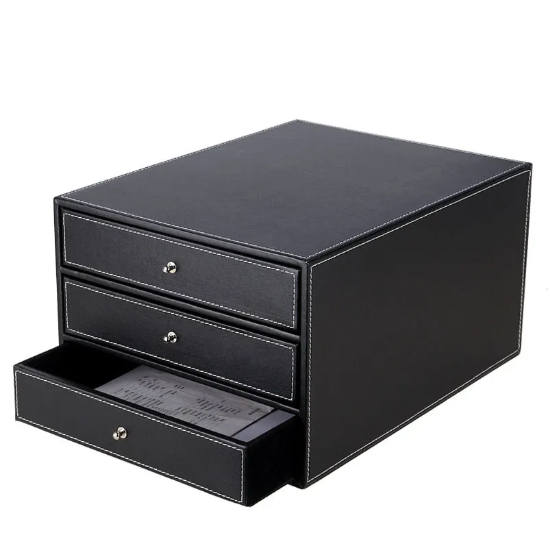 3 Layers Wood Leather Desk Set Filing Cabinet Storage Drawer Box Office Organizer Document Container Holder Black ZA4637255Z