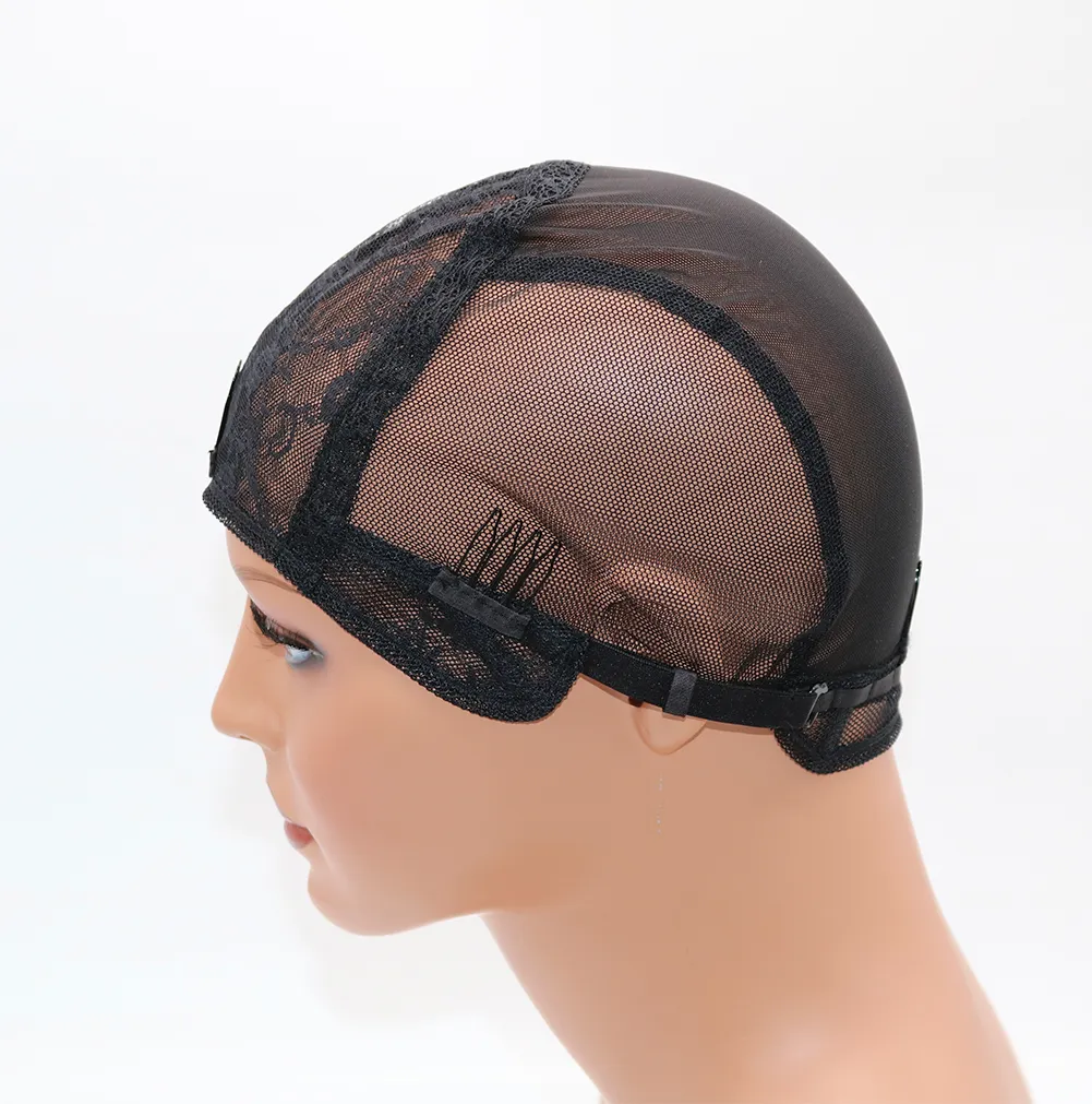 DIY Perückenkappen, schwarze Doppelspitze-Perückenkappen für die Herstellung von Perücken, Haarnetz mit verstellbaren Trägern, Schweizer Spitze, mittlere Größe