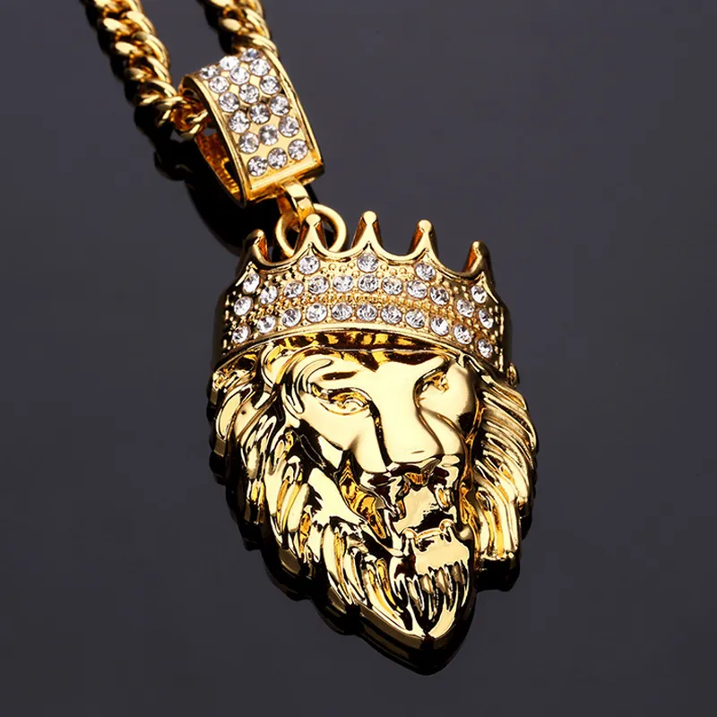 Personalized Crown Lion Head Pendant Necklace for Men Long Chain Necklace 14K Gold Plated Rhinestone Hip Hop Jewelry Party Gift