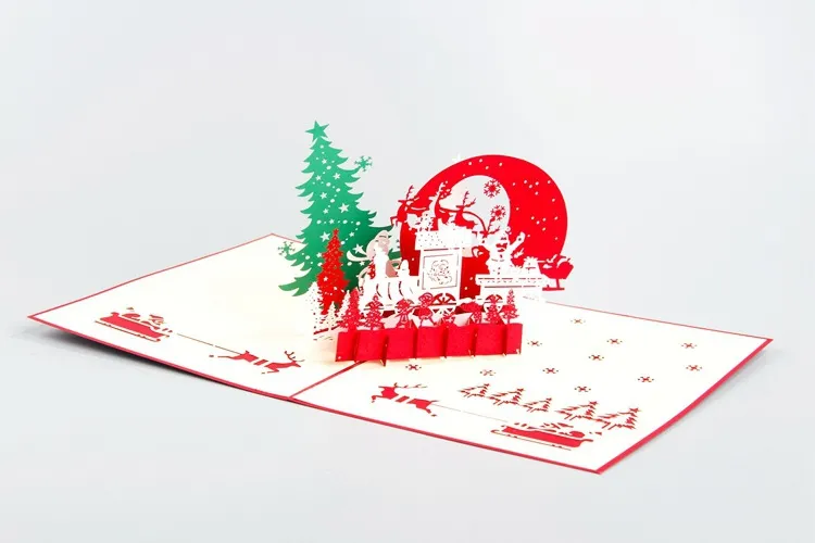 Handmade Santa Ride Christmas Tree Cards Creative 3D Pop UP Greeting Card For Kids Friends Festive Party Supplies