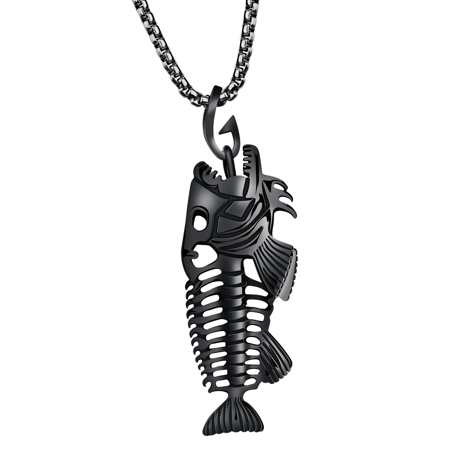 Tung fiskskelett Biker Pendant Silver Gold Black Rostfritt Steel Halsband Nytt med Rolo Chain 4mm 24 239y