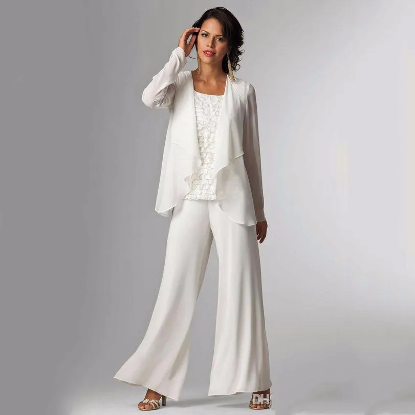 2022 Elegant kvällsmor av brudklänningarna Passar Ankle Long Långärmade Jackor Lace Pant Passitor för kvinnor Mother Groom Plus Size Grows