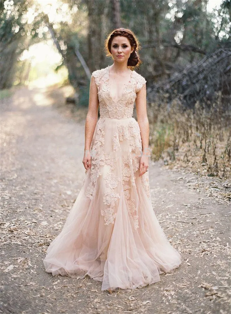 Elegant 2017 Champagne a line wedding dress with Lace Appliques and V-Neckline - QC296 Elegant 2017 Champagne a line wedding dress with Lace Appliques and V-Neckline - QC296