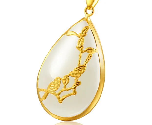 Gold inlaid jade white water droplets magpie on mei talisman necklace pendant smiles