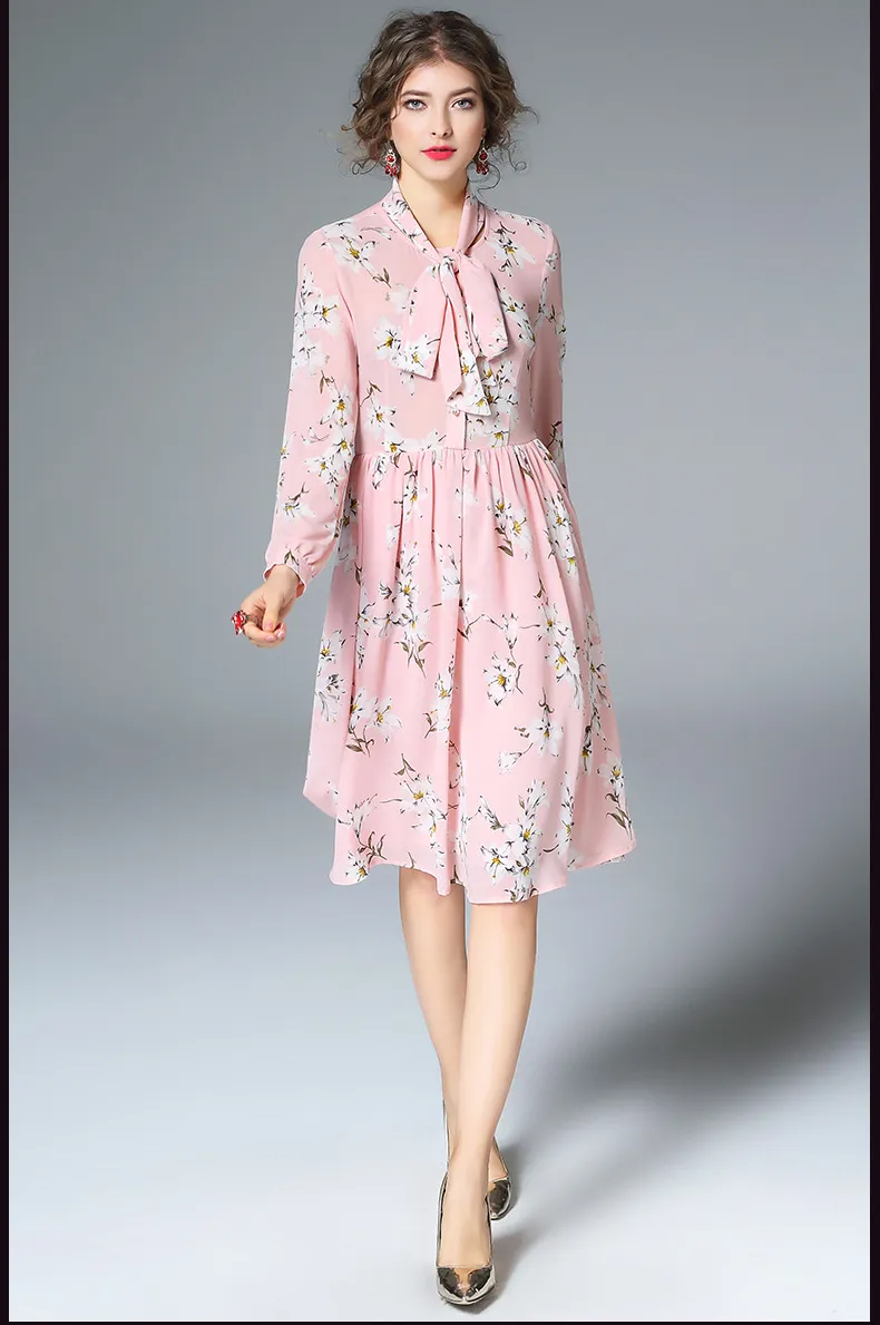Floral Print Pink Chiffon Dresses Spring 2017 Loose Long Sleeve Bow ...