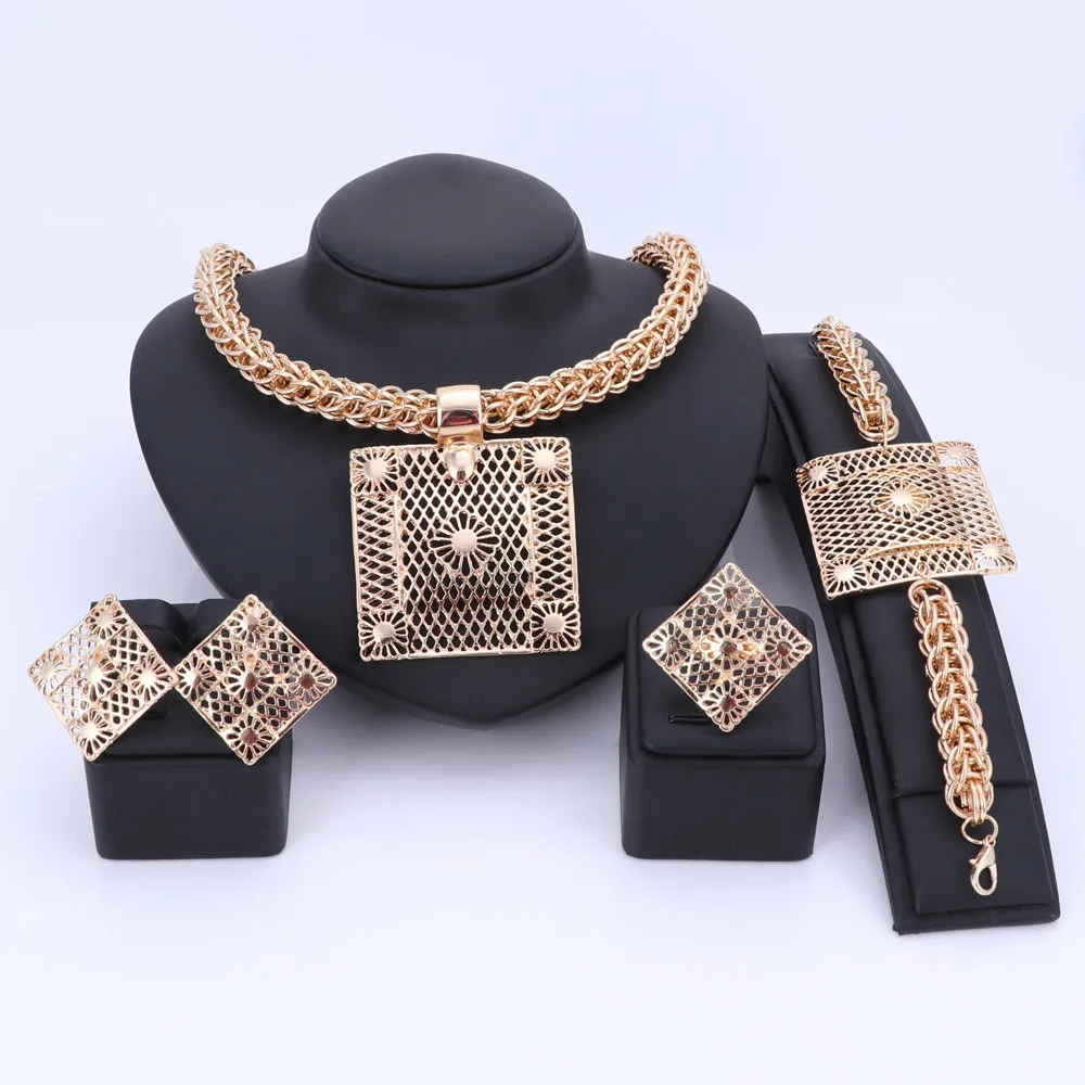 Ouhe Luxury Big Dubai Gold Color Jewelry Sets Fashion Nigerian Boda African Beads Disfraz Collar Bangle Anillo Pendiente