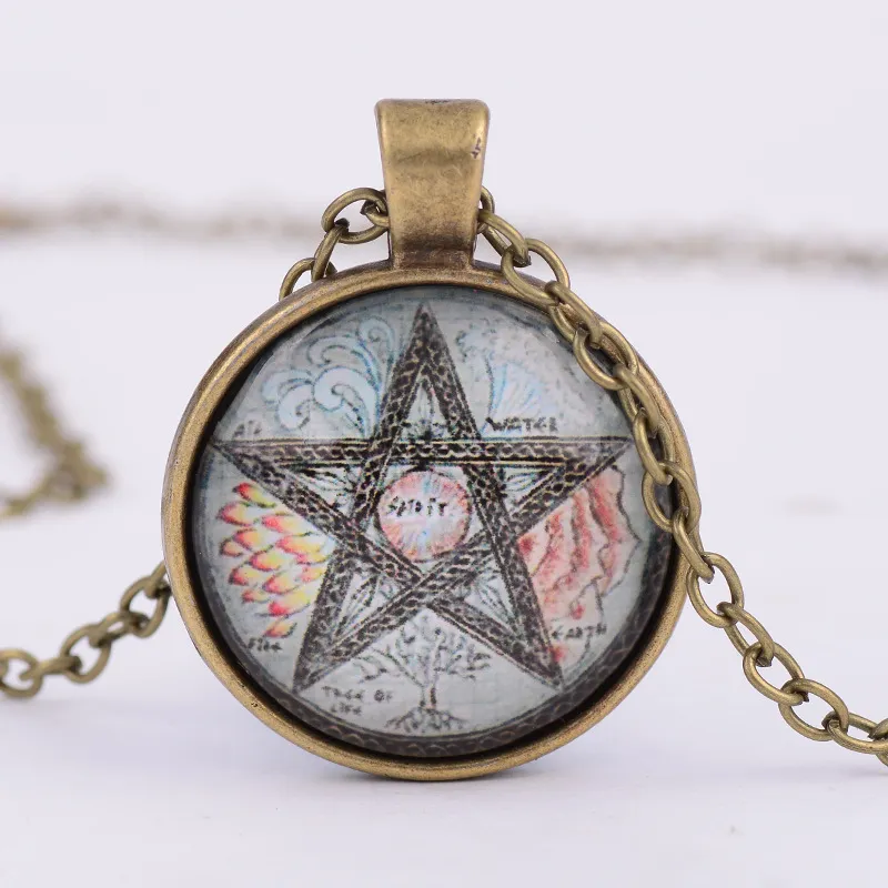 Fashion Vintage mysterious Pentagram circle Glass Lockets pendant Necklaces For women and men Unisex witchcraft Necklace Jewelry Gift