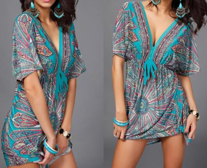 Damesmode Plus Size Jurken Sexy V-hals Melk Ijs Zijde Jurk Rok Boho Print Tribal Jurken Zomer Etnische Losse Taille Strand Jurken