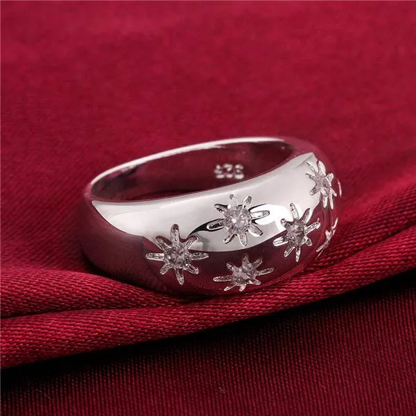 nouvelle bague de bijoux en argent sterling avec des fleurs incrustées de pierre SR504, toute nouvelle pierre précieuse blanche 925 bagues en argent Bagues de mariage