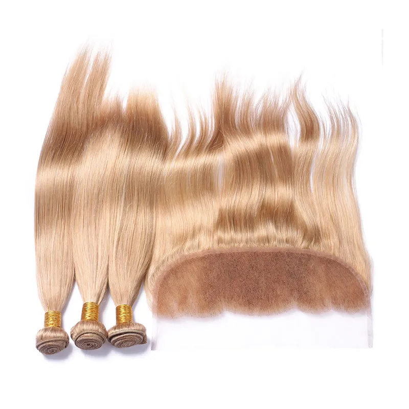 Peruwiański # 27 Honey Blonde Human Hair Weaves z frontal Light Brown Silky Proste 13x4 Full Lace Frontal z 3 rozszerzeniami wiązek