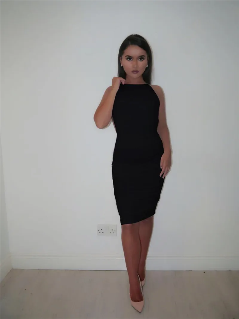 Sexy Bodycon Backless dress with Slash Neck Sequin Chain Knee Length color solid black white Summer