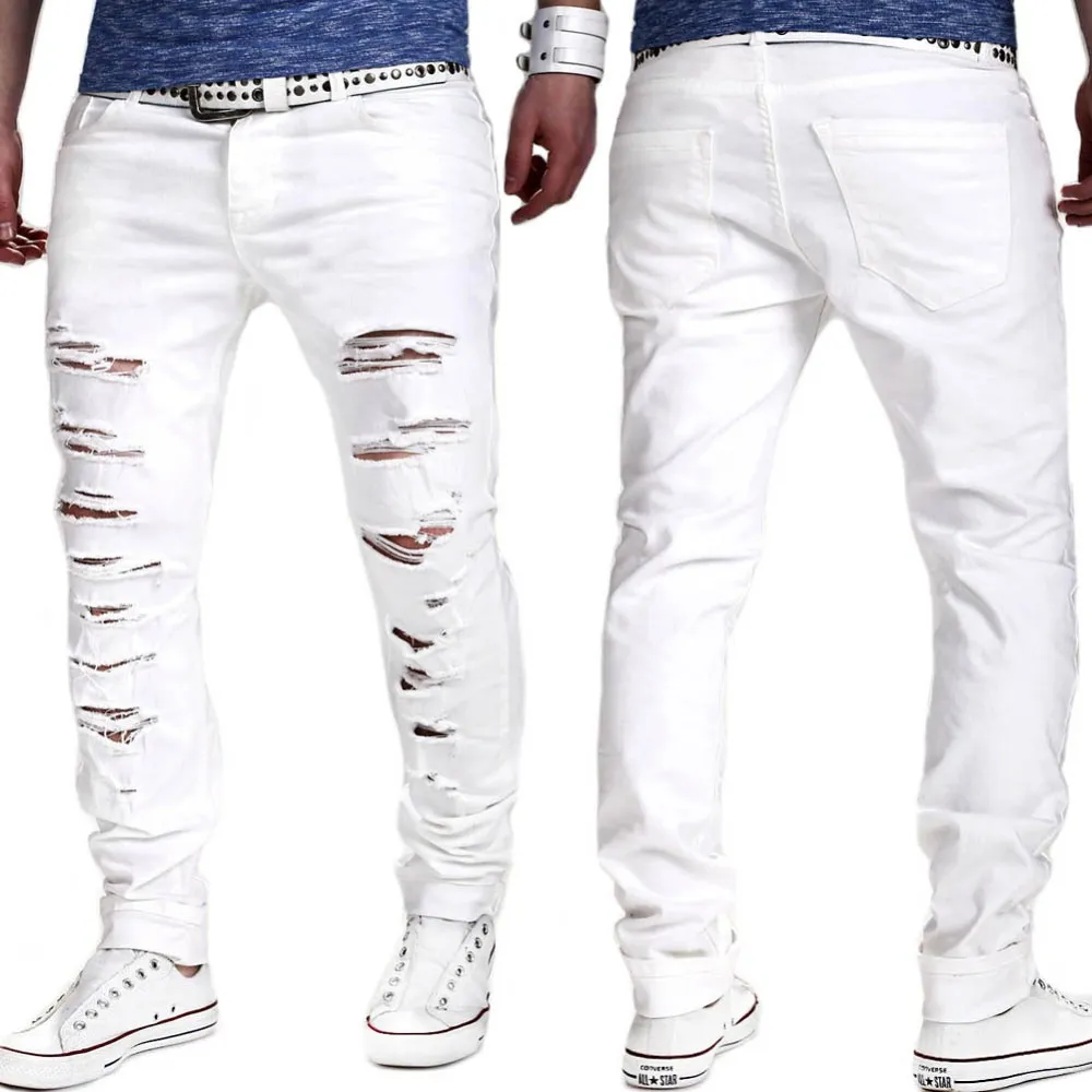 Wholesale- Ripped Denim White jeans new men Biker Distressed Jeans Mens destroy skinny jeans homme  men designer pants Joggers