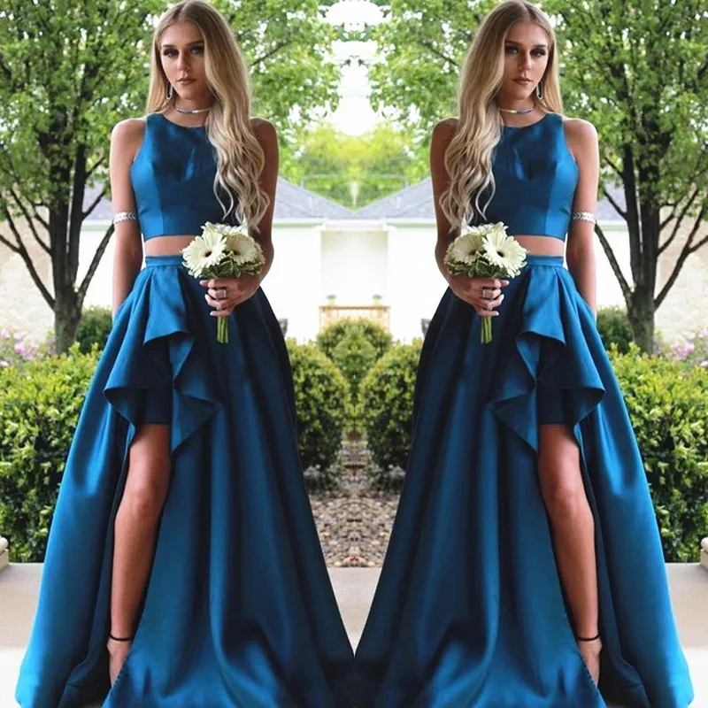 Fashion Two Piece Prom Dress Sexy A-Line Jewel Neck Sleeveless Ruched Split Party Dress 2017 Cheap Custom Made Satin Celebrity Evening Gowns