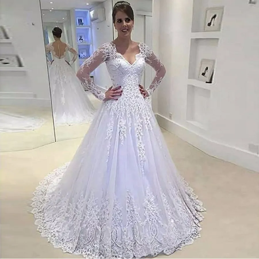 ブラジルのAラインのウェディングドレスVネックアップリケビーズシアーバックロングスリーブブライダルドレスVestidos de Novias