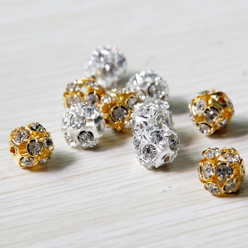 100st Alloy Crystal Pärlor 8mm 10mm Gold Silver Round Pave Disco Ball Beads Rhinestone Crystal Spacer Pärlor för DIY -smycken FI309K