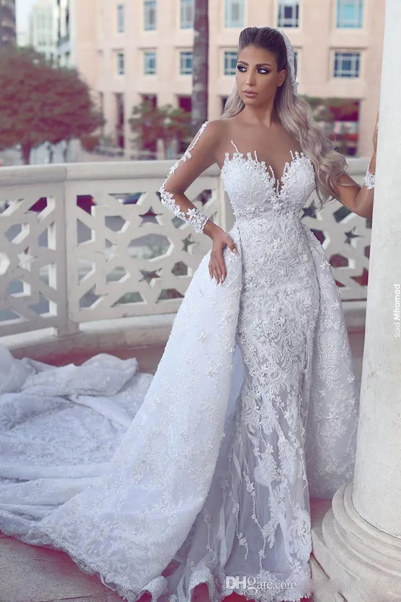2017 Luxury Lace Detachable Train Mermaid Wedding Dresses with Sheer Neck Long Sleeves Bridal Gowns Back Bottons Vestido4460674