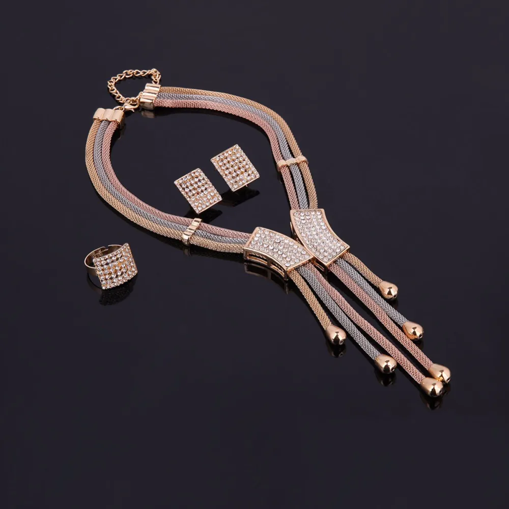 Dubai Necklace Jewelry Sets For Women Tassel Pendant Rhinestone Earrings Bracelet Gold Plated Wedding Bijoux Accessories214g
