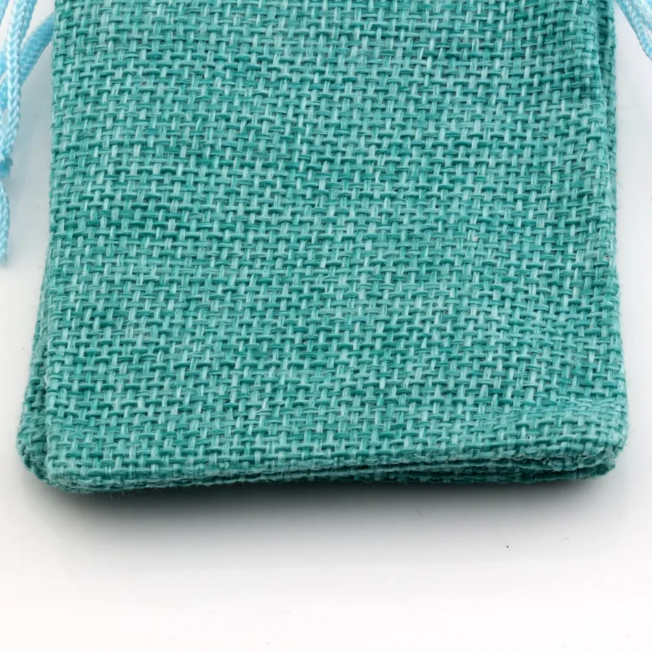 Sacs à cordon en tissu de lin pochettes cadeaux pour bijoux et bonbons, sacs en toile de Jute 7x9cm / 10x14cm / 13x18cm couleur Turquoise