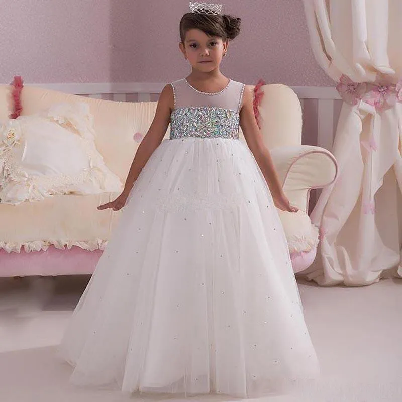 2018 Prinzessin Weiße Hochzeit Blumenmädchenkleider Empire-Taille Kristalle Offener Rücken 2017 Maßgeschneidertes günstiges Baby-Kommunion-Mädchen-Festzug-Kleid