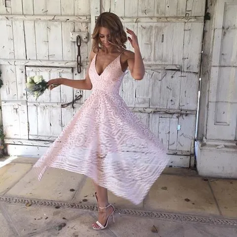 Asymmetrical High Low Boho Pink Prom Party Dresses Dark Navy V Neck Short Bridesmaid Dresses Bohemian Lace wedding guest Dresses P4132416