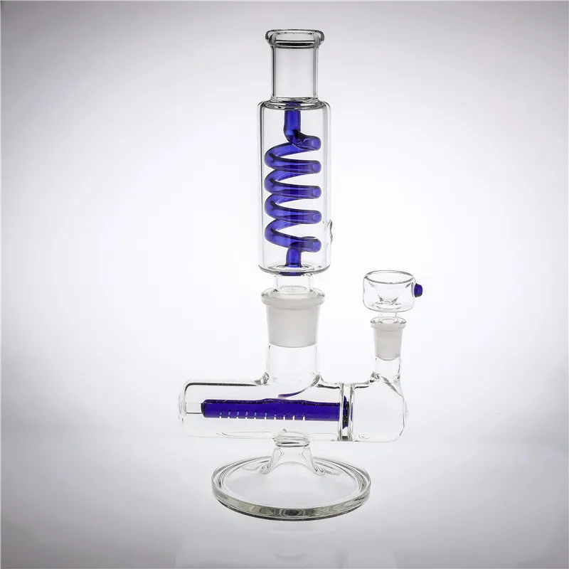 Bong in vetro Giunto da 12 pollici 14,4 mm Parte staccabile Inline Perc Base spessa Recyler Oil Rigs BLU VERDE Pipa ad acqua in vetro