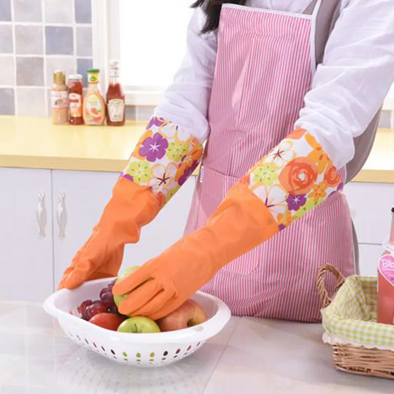 Thick Polar Fleece Inside Long Anti Cold Latex Gloves Cleaning Gloves Rubber Gloves for Gardening Dish Washing 