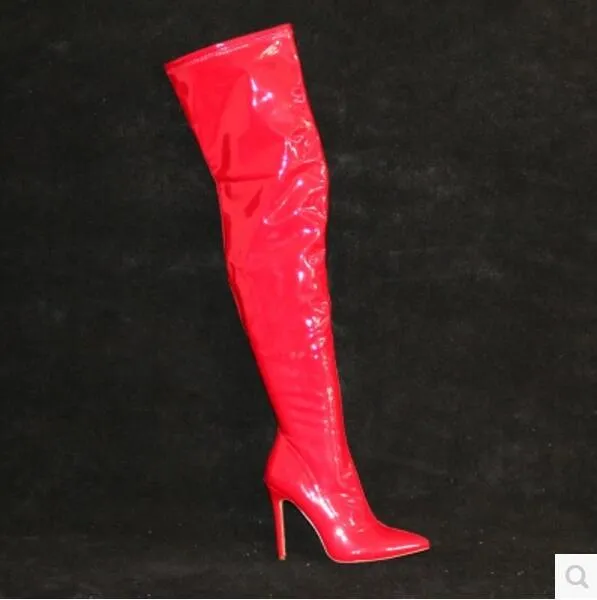 2018 Sexy sobre rodilla botas altas mujeres tacón delgado botas de piernas altas botas de punta puntiaguda damas patente de patente botas largas zapatos de fiesta