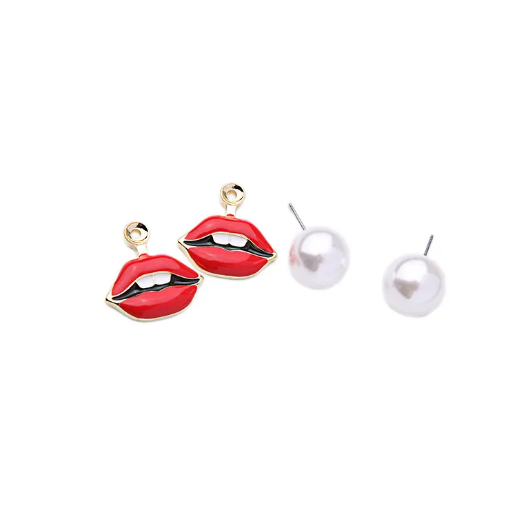 Fashion Accessories Gold Plated Sweet Lady Pearl Enamel Glaze Pearl Red Lips Stud Earrings Women Earings Fashion Jewellery