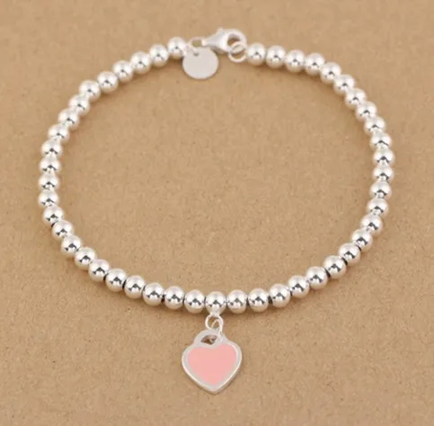 Hot rea Charm Armband S925 Sterling Silver pärlor kedja armband med emalj grenn rosa hjärta för kvinnor och dag present smycken