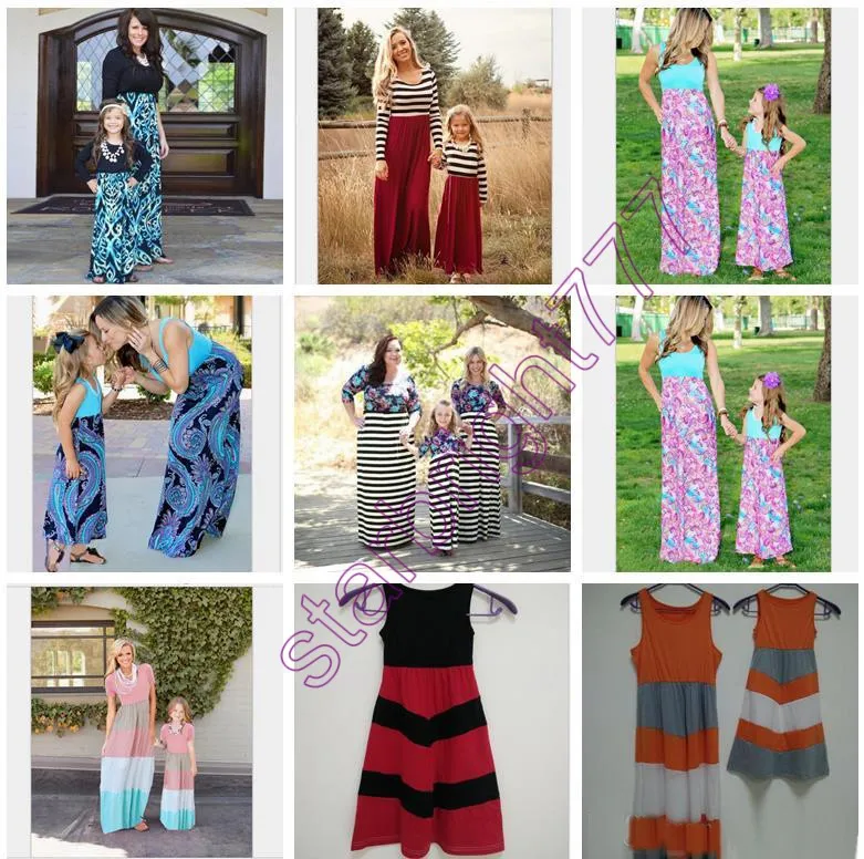 16 stylów Rodzina Dopasowywanie Odzież Odzież Dziewczyny Patchwork Zestawy Matka I Córka Plażowe Sukienki Ubrania Maxi Chevron Stripe Dress