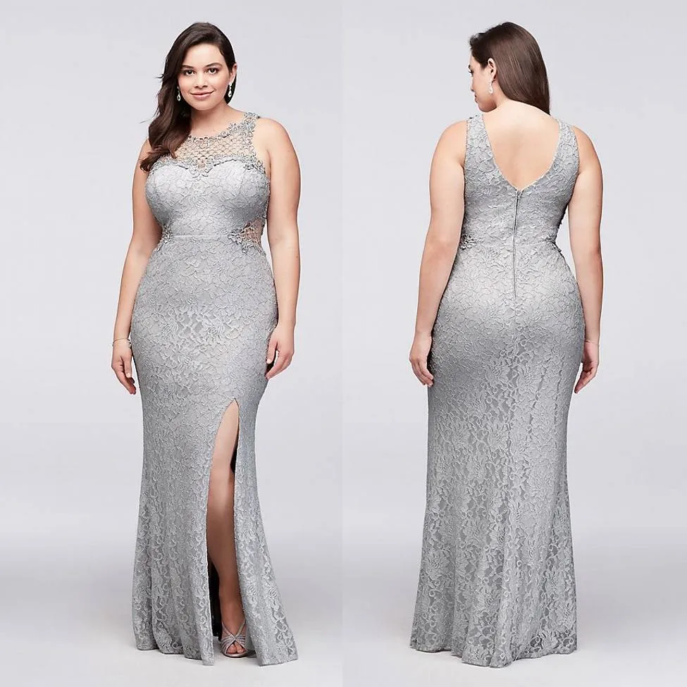 Silver Plus Size Lace Formal Dresses Sheer Jewel Neck Mermaid