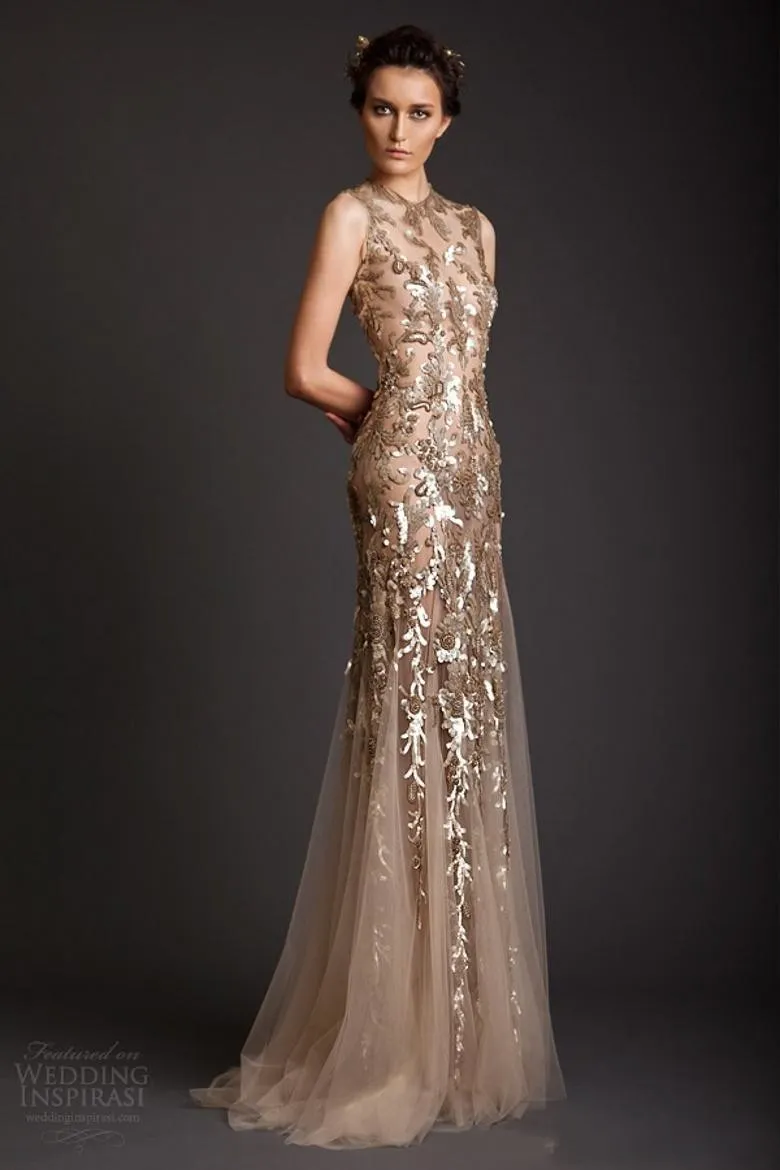 Krikor Jabotian Evening Dresses 2017 Gold Mermaid Shape Tulle Sheer See Through Appliques Prom Dress Emboridery Long Formal Dubai Gowns