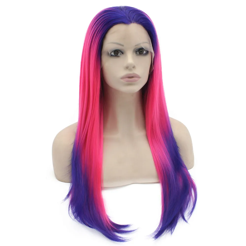 24" Long Hot Pink Violet Purple Ombre Straight Heat Friendly Synthetic Lace Front Fashion Wig S02