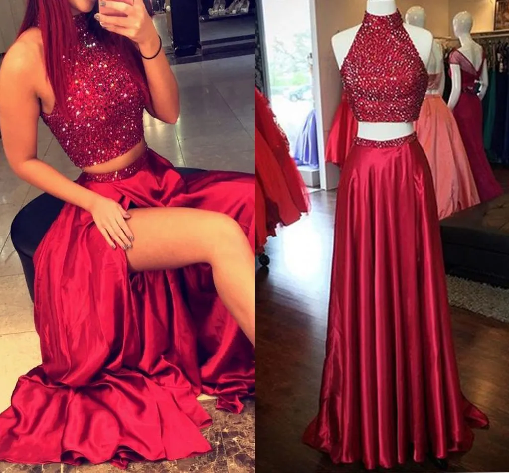 2017 Fashion Two Pieces Prom Dresses High Neck Backless Crystal Beaded ...