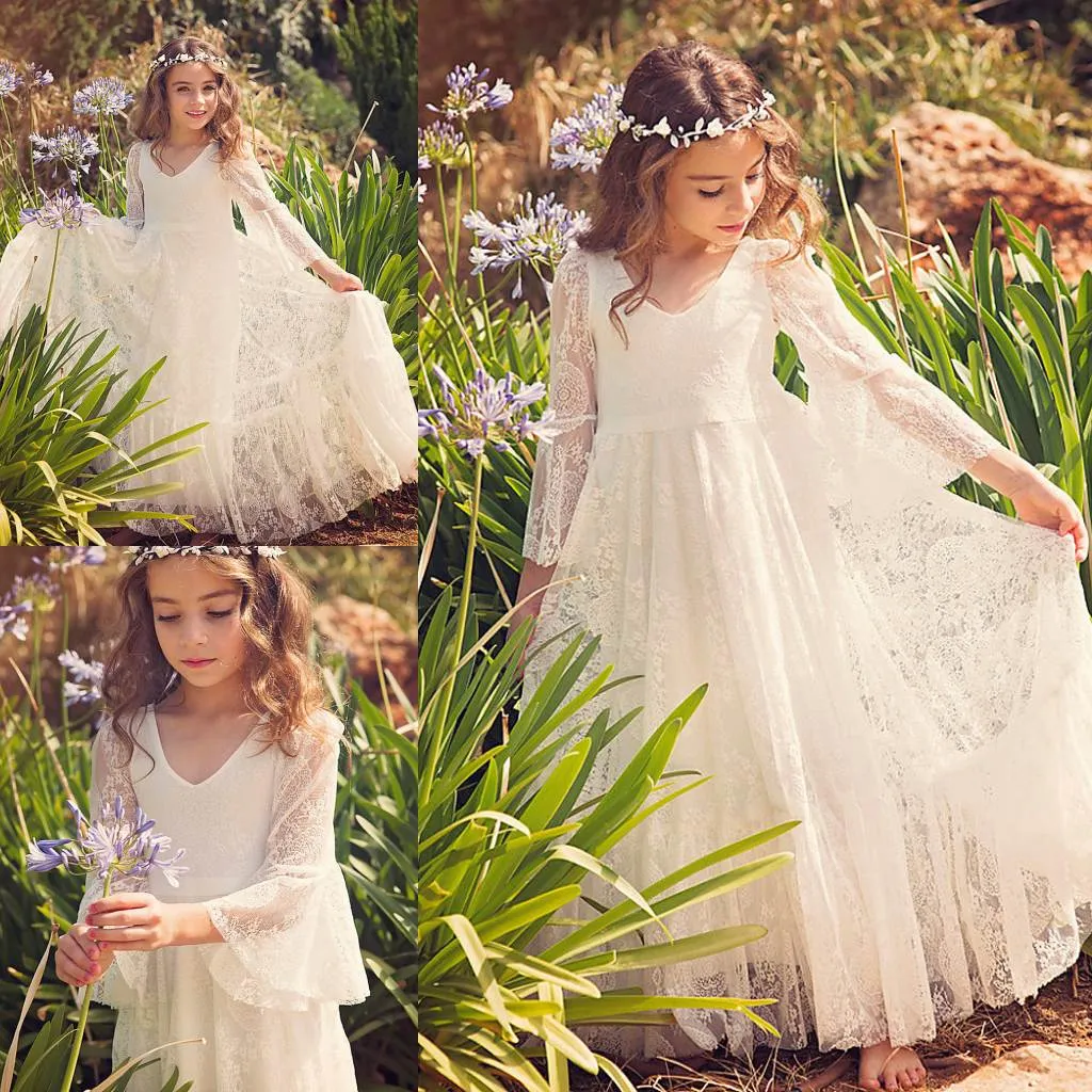 Vintage Flower Girl Dresses Långärmade Moderna Billiga Full Lace Pagant Klänningar Ålder 14 En Linje Vit Girls Dress