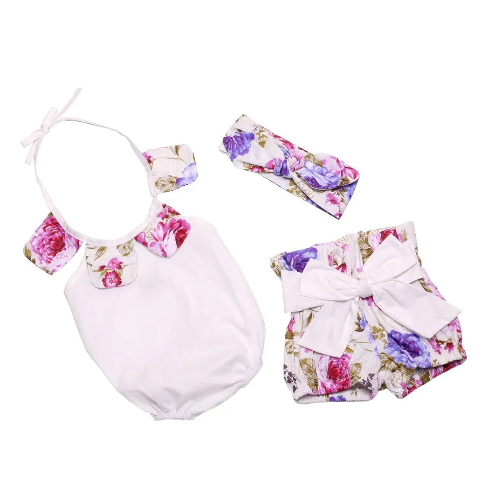 Baby Girl Romper Floral Petal Cotton Romper + Shorts Bowknot + Bunny Ear Headband Infant Set niños trajes de verano Mono para bebés C478