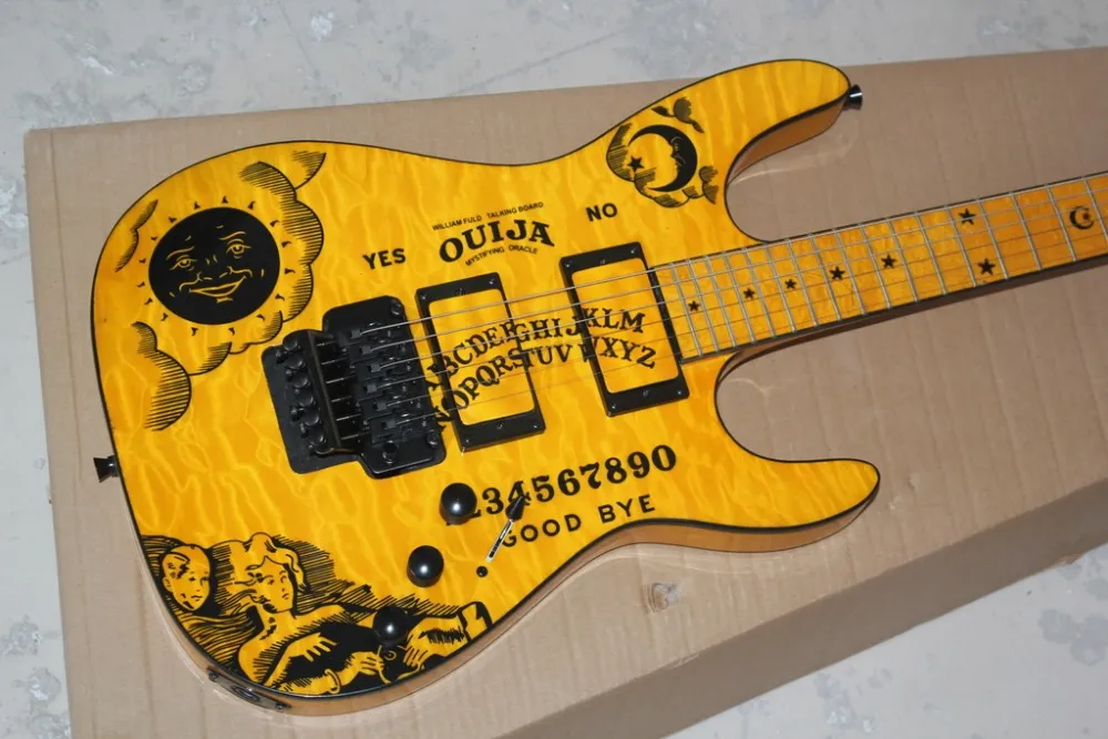 Ltd Kirk Hammetts Flame Maple Top Top Yellow KH-2 Ouija Electric GuitarスタームーンインレイフロイドローズトレモロEMGピックアップブラックハードウェア