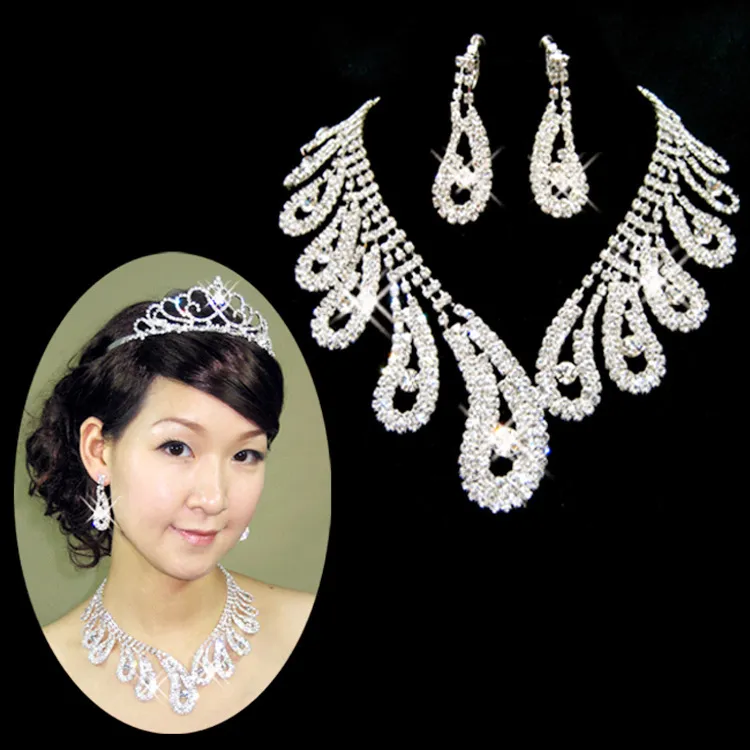Mode rhinestones brud smycken sätter silver kristaller bröllop halsband och örhängen för brud prom kväll party tillbehör