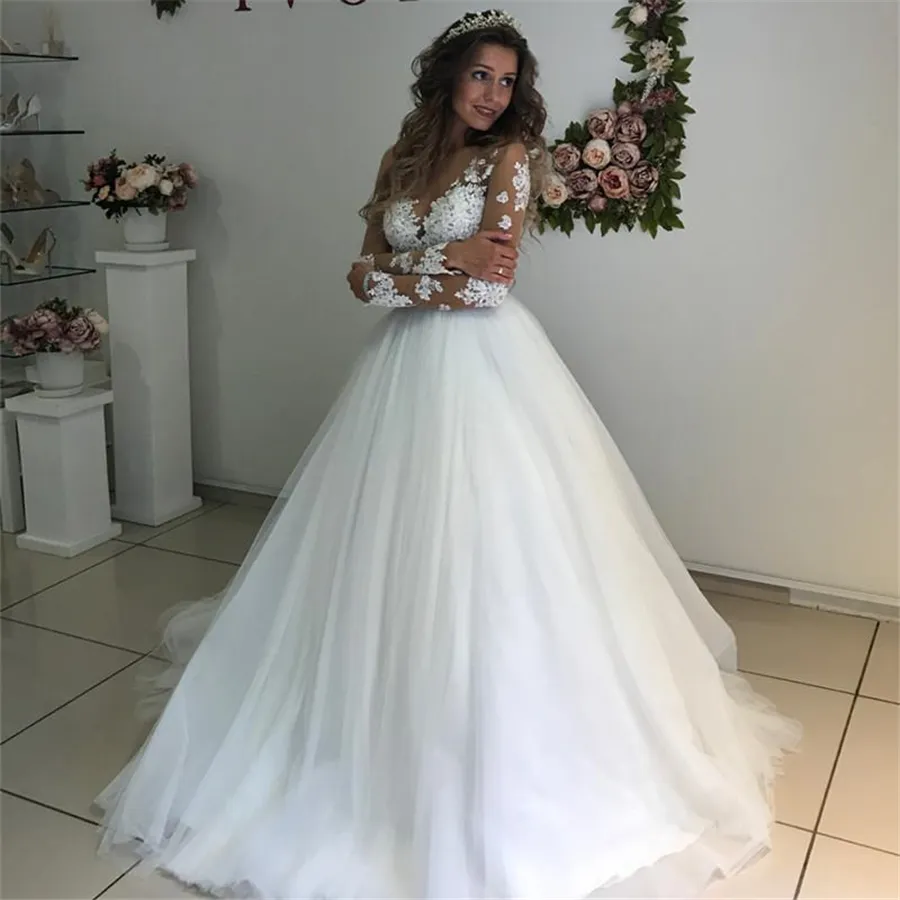 Elegant Lace Appliques Long Sleeves Wedding Dresses Ball Gowns See Through White Tulle Bridal Dress vestidos de novias267G
