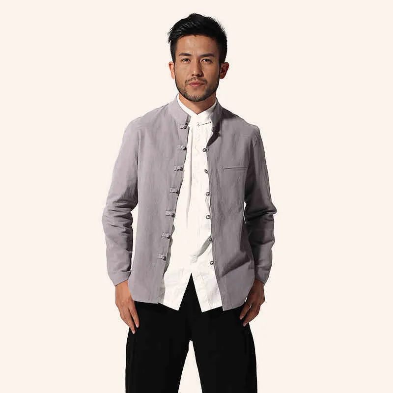 Wholesale- Gray Chinese Style Men Cotton Linen Jacket Long sleeve Coat Tang Suit Top Casual Outwear M L XL XXL XXXL MJ057