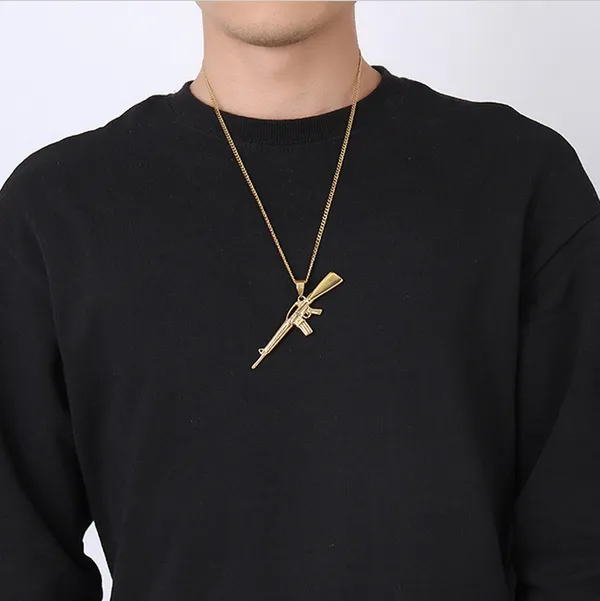 U7 Collana Pendente Uomo M16 Fucile Pistola Mitragliatore, Stile Hip Hop Cool Swag, Acciaio Inossidabile, Catena Regolabile 50 55 cm, con Confezione, Blu