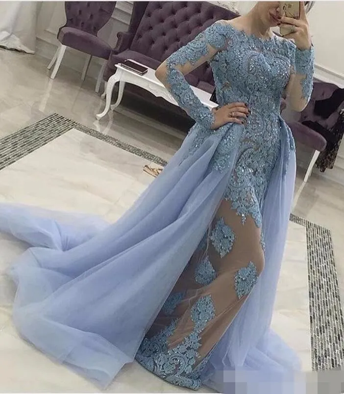 Light Blue Illusion Lace Dusty Blue Evening Gown With Detachable Skirt ...