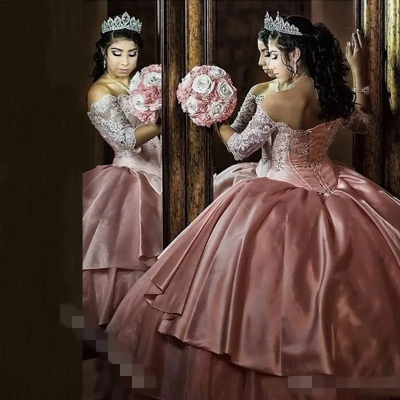 Prenses Katmanlı Etek Balo Quinceanera Elbiseler 2019 Vintage Dantel Organze Tatlı Onaltı Elbise 1/2 Uzun Kollu Korse Vestidos De 15 Anos