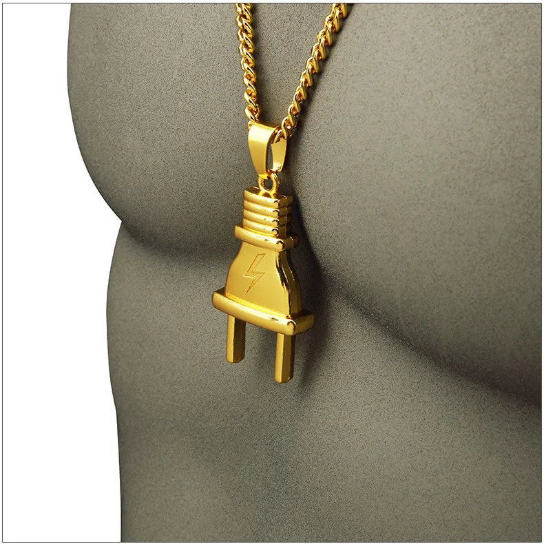 U7 NYTT Fashion Plug Pendant Necklace Rostfri Steel Black Gungold Plated Pendant Rope Chain for Menwomen Hiphop Jewelry Perfect3474578