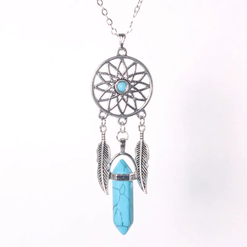 10 Adet Toptan kadın Sarkan Tüy Doğal Taş Kaplan Gözü Yeşim Charms Telkari Tribal Dreamcatcher Kolye 50 cm Link Zinciri Kolye