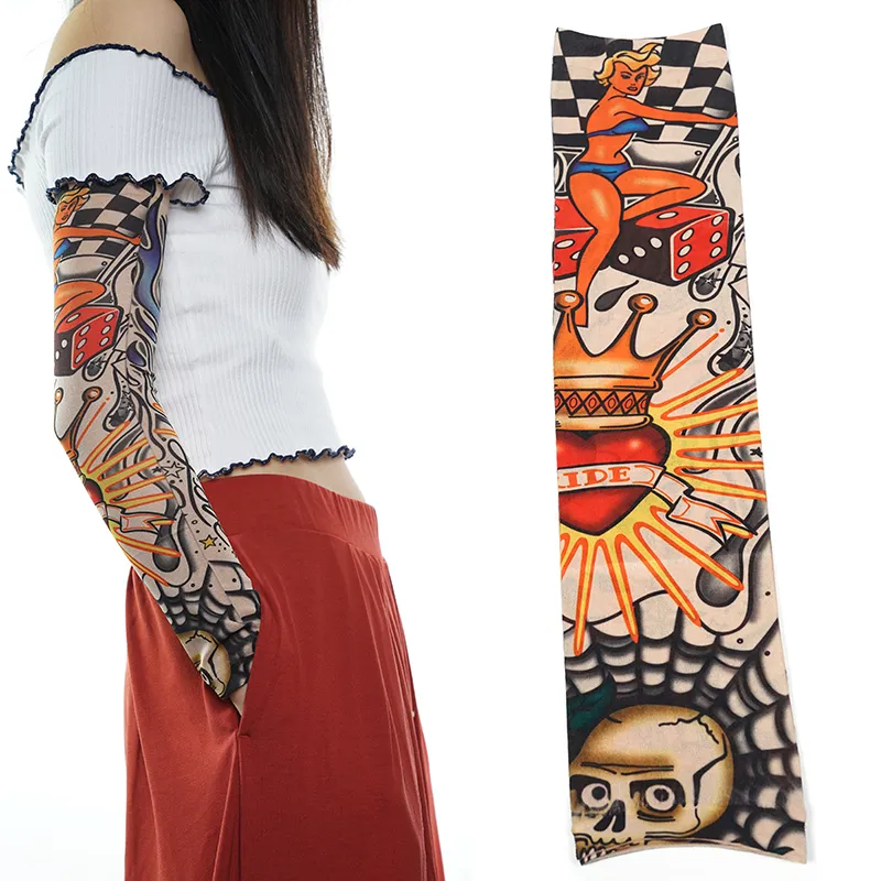 Ny nylon elastisk falsk temporärt tatuering ärme designs kroppsarm strumpor tatuering för coola män kvinnor