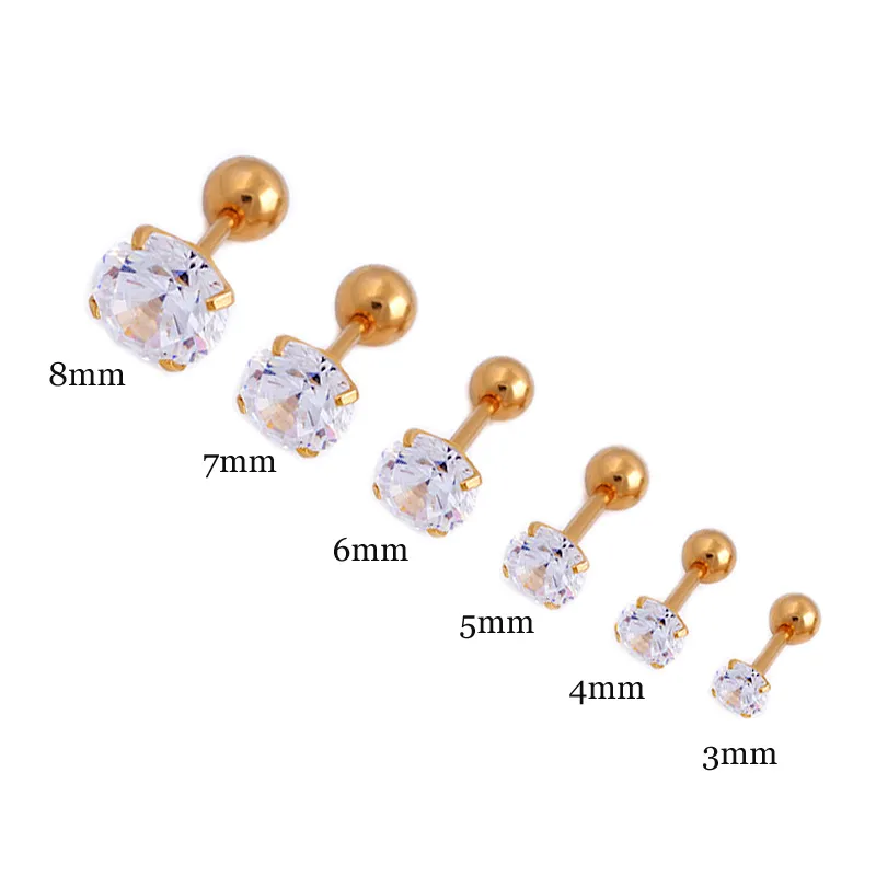 3mm-8mm de Prata de Ouro Preto Titanium Aço Barbell Cubic Zircon Cartilagem Helix Tragus Lip Brinco Do Parafuso Prisioneiro Do Corpo Piercings de Jóias Por Atacado