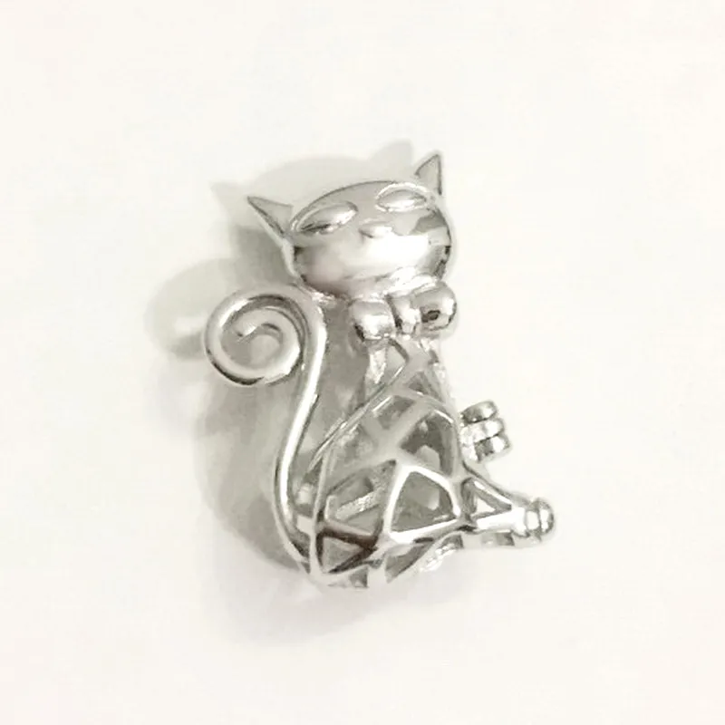 925 Sterling Silver Cat Locket Cage Pendant Montering, DIY Pearl Gem Bead Hänge Halsband Hitta härlig charm